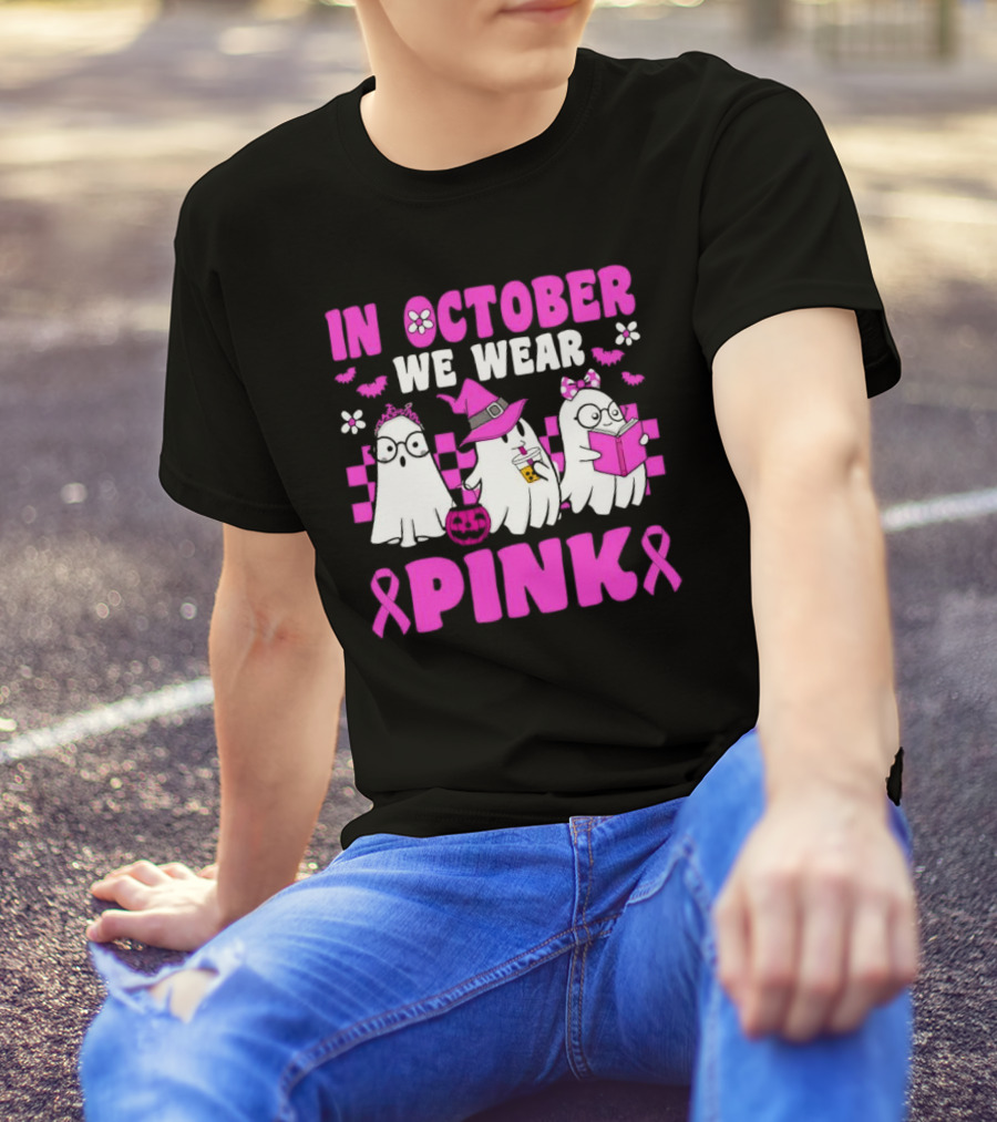 In October We Wear Pink Breast Cancer Awareness Groovy Ghosts Halloween T-Shirt