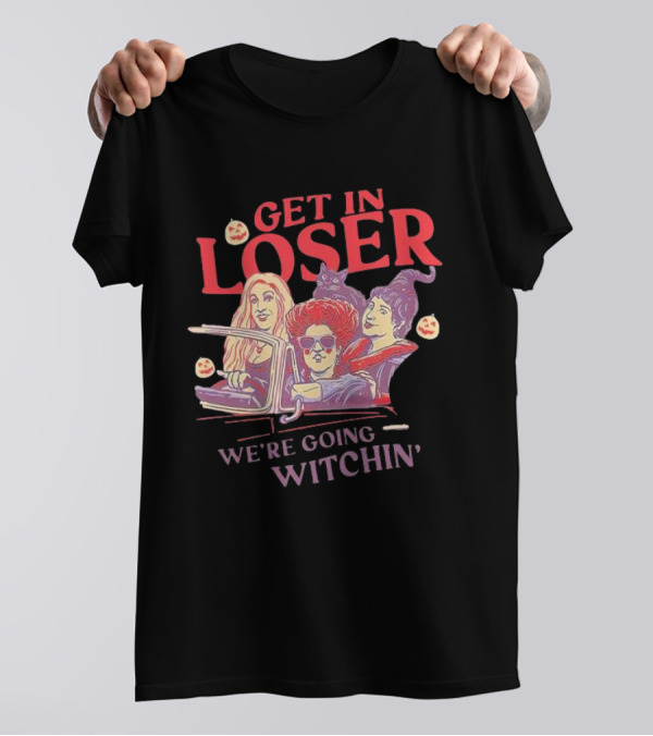 Get In Loser We're Going Witchin Halloween Scene With Pumpkins And Black Cat T-Shirt