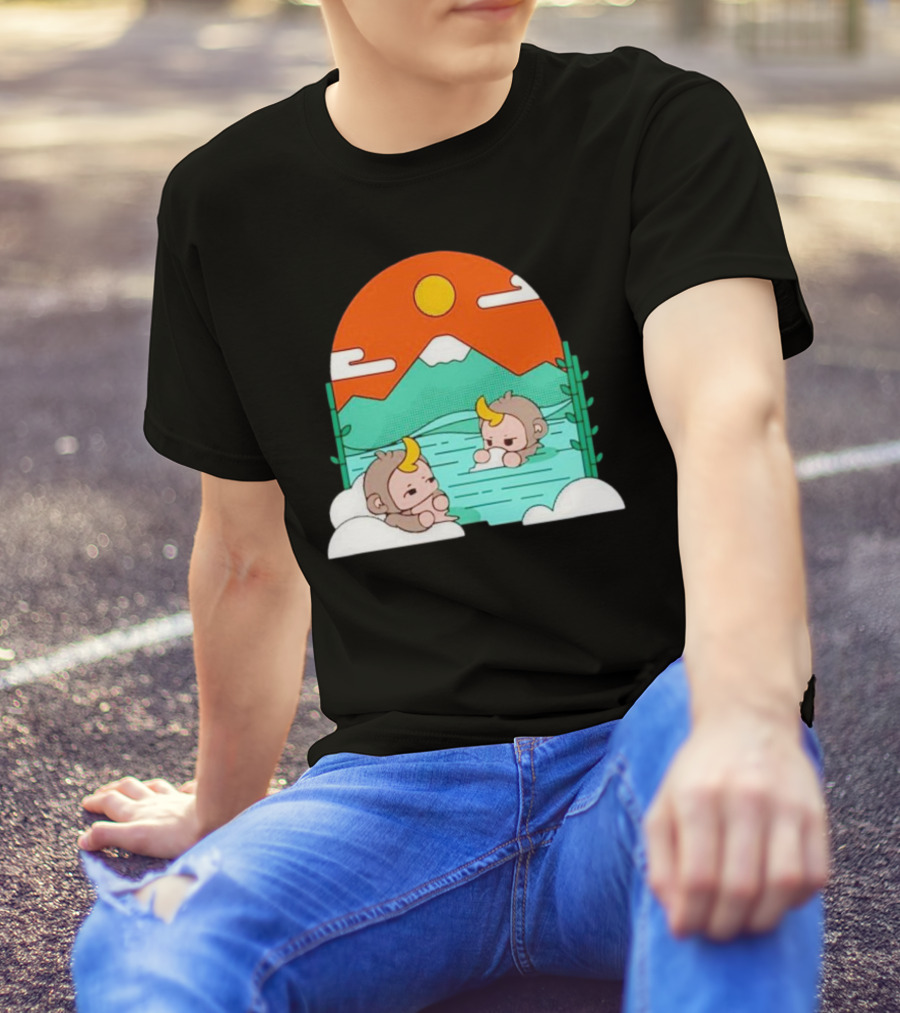 The Tranquil Monkey Hot Spring Relaxation Scene With Mountains And Sun T-Shirt
