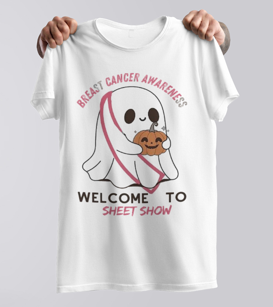 Breast Cancer Awareness Boo Welcome To Sheet Show Ghost Holding Pumpkin T-Shirt