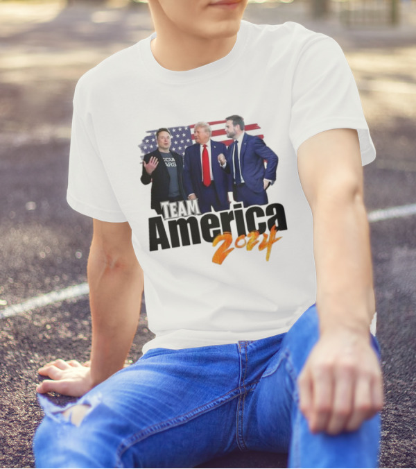 Team America 2024 Musk Trump Vance American Flag Background T-Shirt