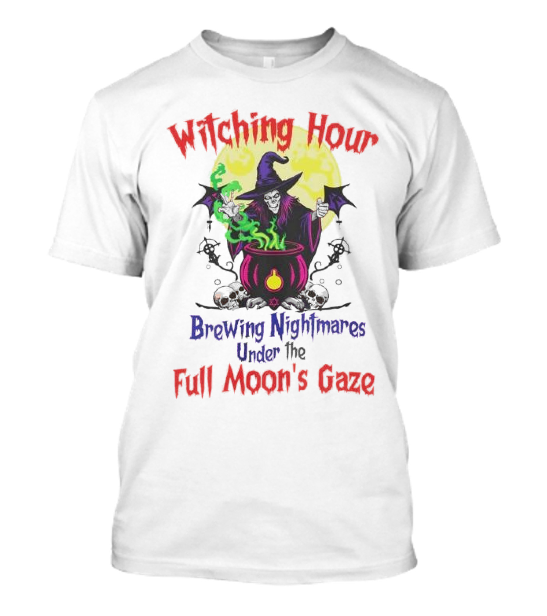 Witching Hour Brewing Nightmares Under The Full Moon's Gaze Halloween Wizard Witch Hat Cauldron Skulls Spooky Green Smoke Bat Wings T-Shirt