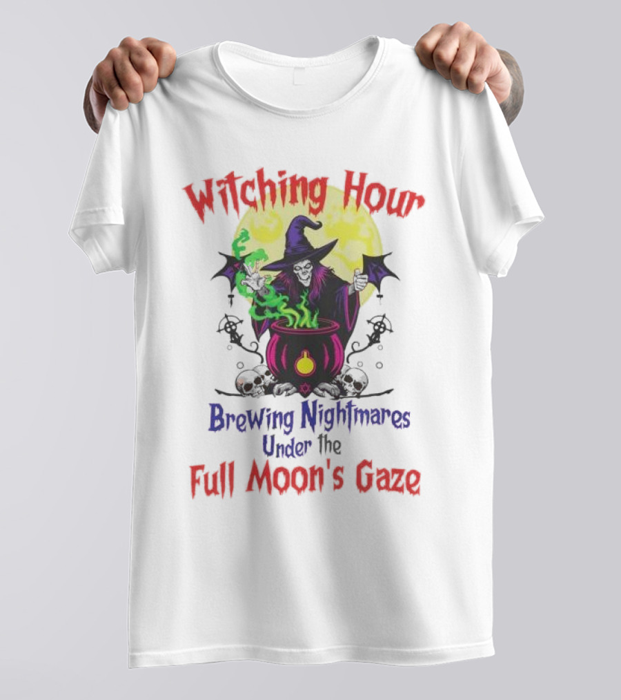 Witching Hour Brewing Nightmares Under The Full Moon's Gaze Halloween Wizard Witch Hat Cauldron Skulls Spooky Green Smoke Bat Wings T-Shirt