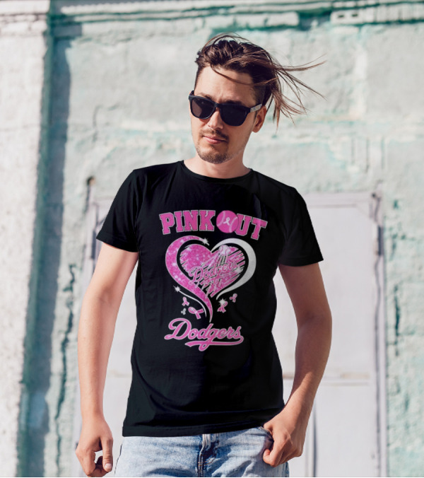 Pink Out Dodgers Heart Breast Cancer Los Angeles T-Shirt
