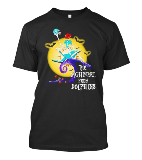 The Nightmare From Dolphins Halloween Skeleton On Moon With Bats T-Shirt