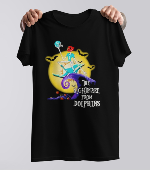 The Nightmare From Dolphins Halloween Skeleton On Moon With Bats T-Shirt
