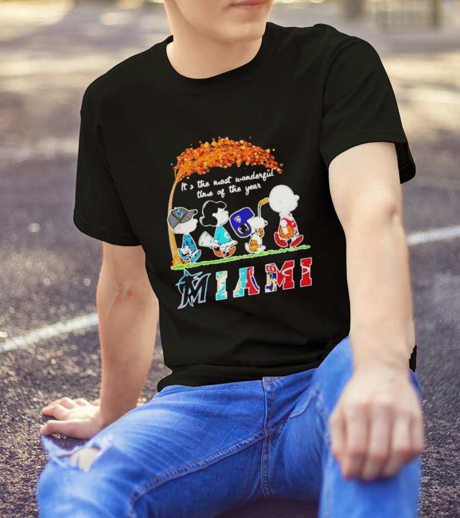 Miami Sports Peanuts Characters Walking Fall It's The Most Wonderful Time Of The Year T-Shirt