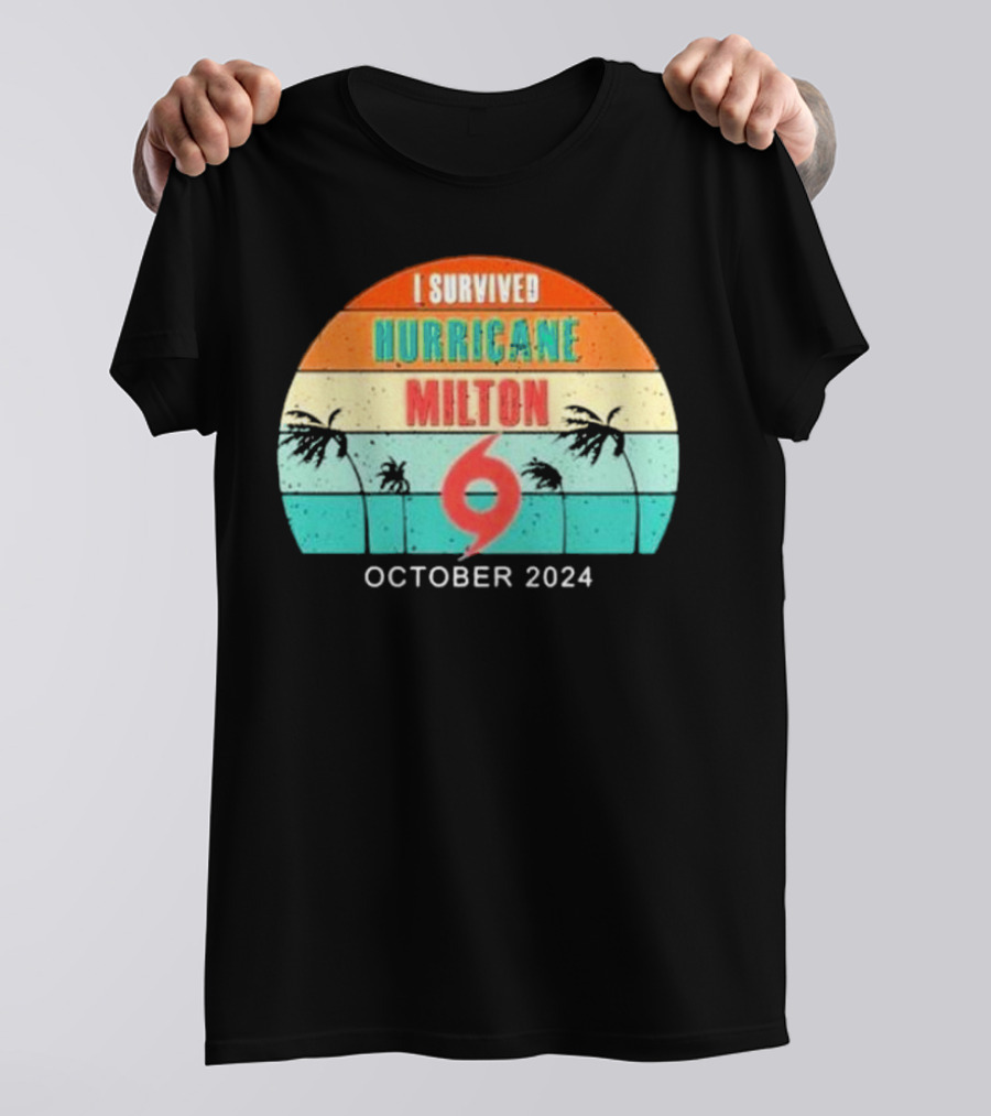 I Survived Hurricane Milton October 2024 Retro Stripe Palms Badge T-Shirt