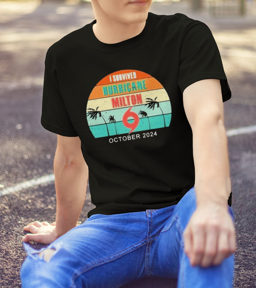 I Survived Hurricane Milton October 2024 Retro Stripe Palms Badge T-Shirt