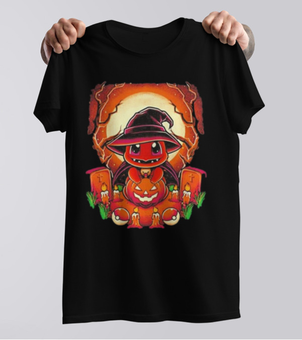 Charmander Halloween Pumpkin Witch Hat Graveyard Retro T-Shirt