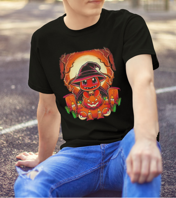 Charmander Halloween Pumpkin Witch Hat Graveyard Retro T-Shirt