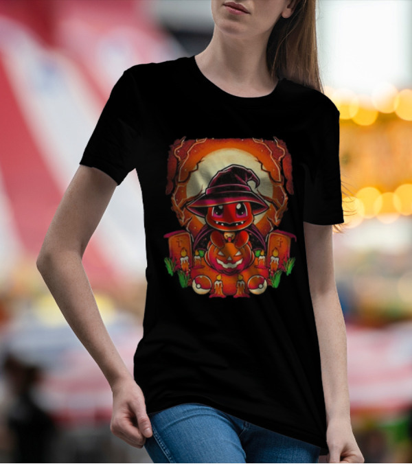 Charmander Halloween Pumpkin Witch Hat Graveyard Retro T-Shirt