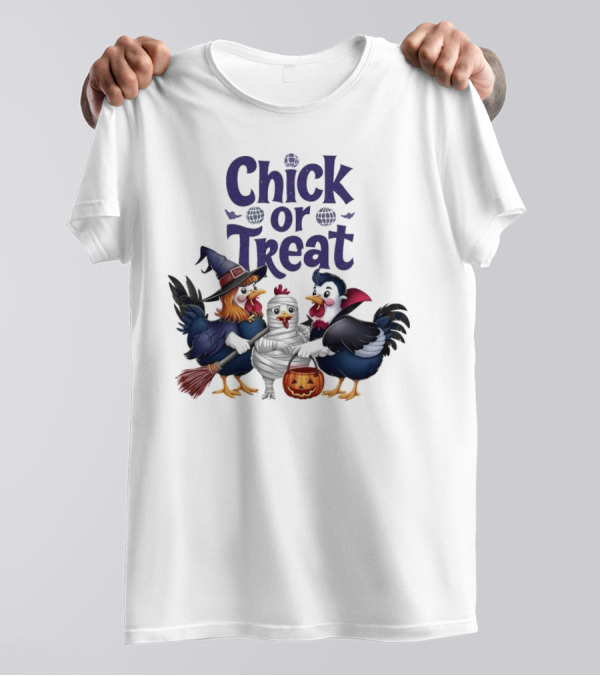 Chick Or Treat Halloween Chickens In Witch Costumes With Broom Mummy And Pumpkin T-Shirt