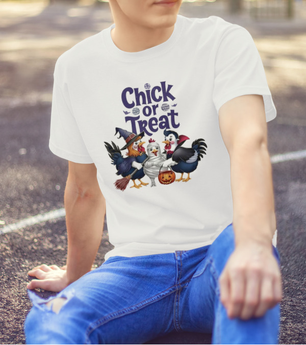 Chick Or Treat Halloween Chickens In Witch Costumes With Broom Mummy And Pumpkin T-Shirt
