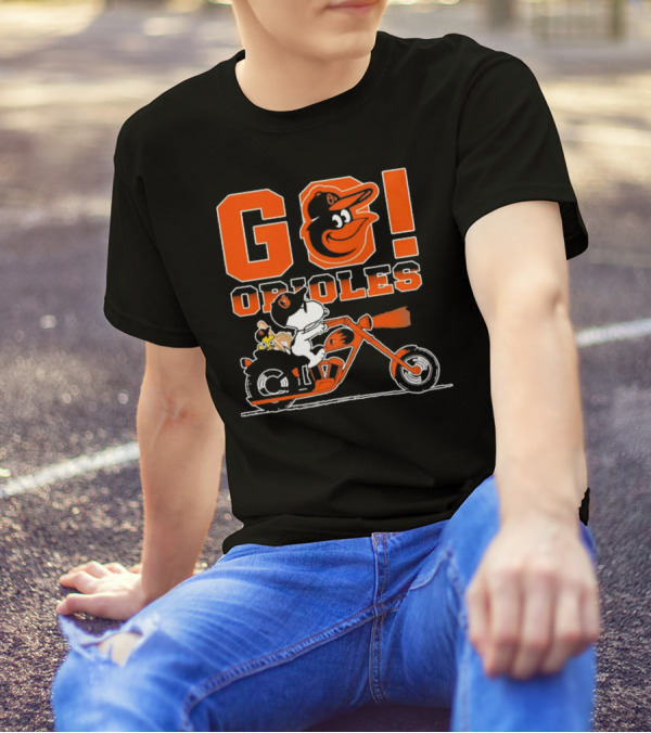 Baltimore Orioles Snoopy And Woodstock Ride Motorcycle Go Orioles T-Shirt