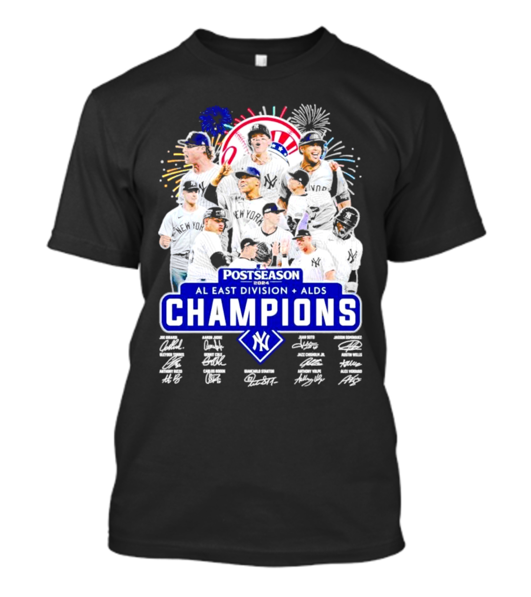 New York Yankees Postseason 2024 AL East Division ALDS Champions Signatures Players Fireworks T-Shirt