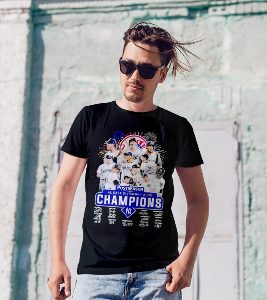 New York Yankees Postseason 2024 AL East Division ALDS Champions Signatures Players Fireworks T-Shirt