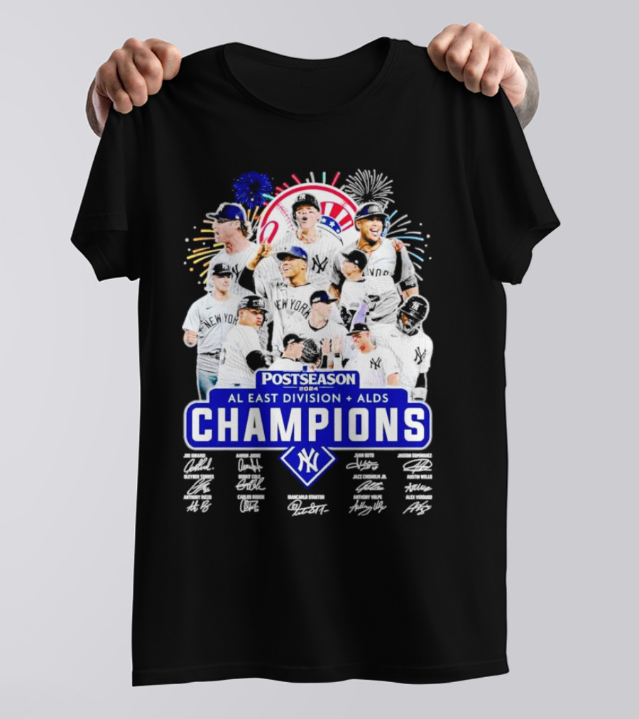 New York Yankees Postseason 2024 AL East Division ALDS Champions Signatures Players Fireworks T-Shirt