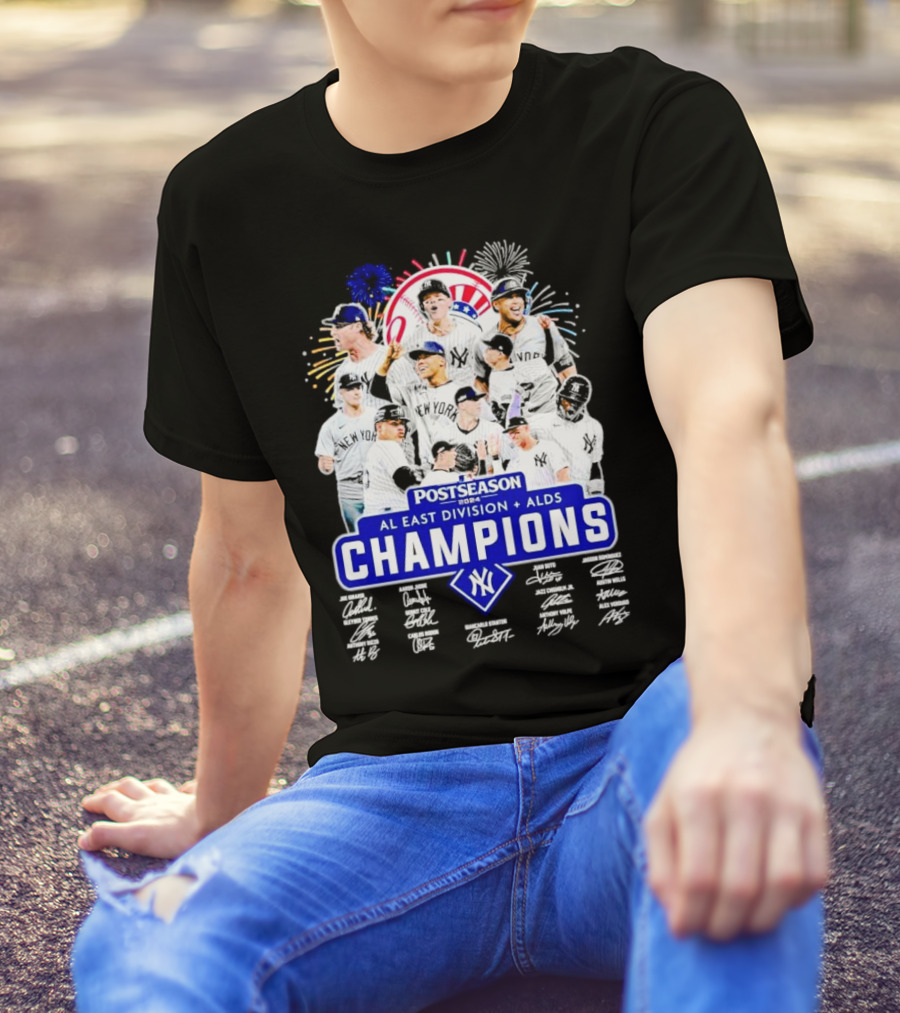 New York Yankees Postseason 2024 AL East Division ALDS Champions Signatures Players Fireworks T-Shirt