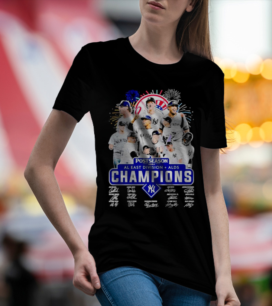 New York Yankees Postseason 2024 AL East Division ALDS Champions Signatures Players Fireworks T-Shirt