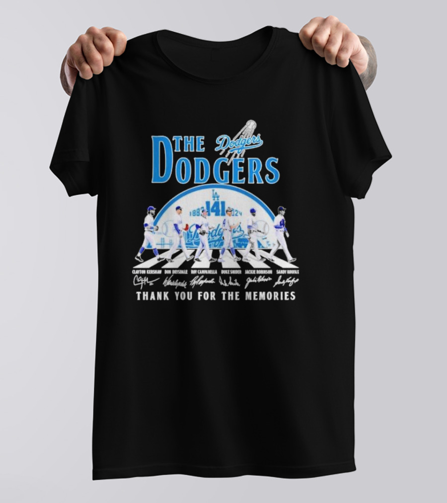 The LA Dodgers 141st Anniversary 1883 2024 Thank You For The Memories Abbey Road Clayton Kershaw Don Drysdale Roy Campanella Duke Snider Jackie Robinson Sandy Koufax T-Shirt