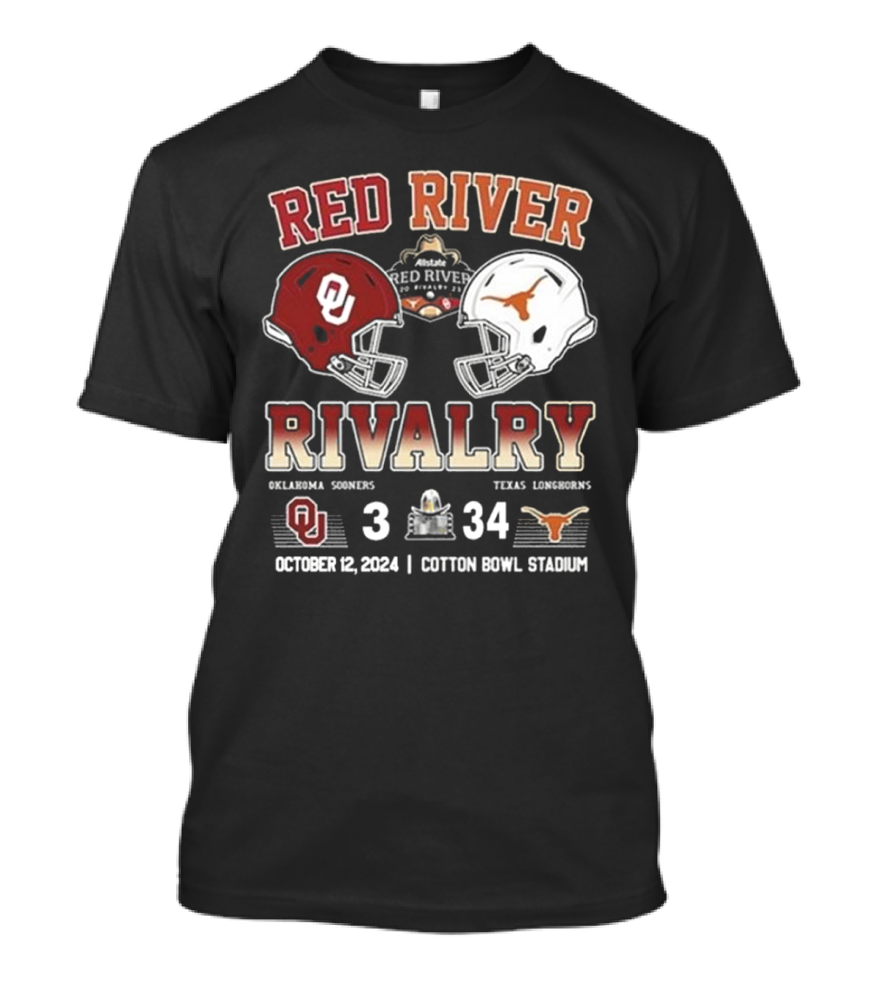 Red River Rivalry Oklahoma Sooners 3 Texas Longhorns 34 October 12 2024 Cotton Bowl Stadium T-Shirt
