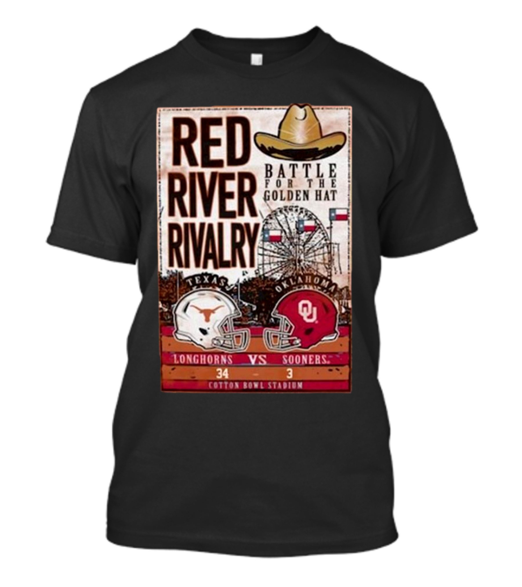 Texas Longhorns Vs Oklahoma Sooners 2024 Red River Rivalry Battle For The Golden Hat At Cotton Bowl Stadium T-Shirt