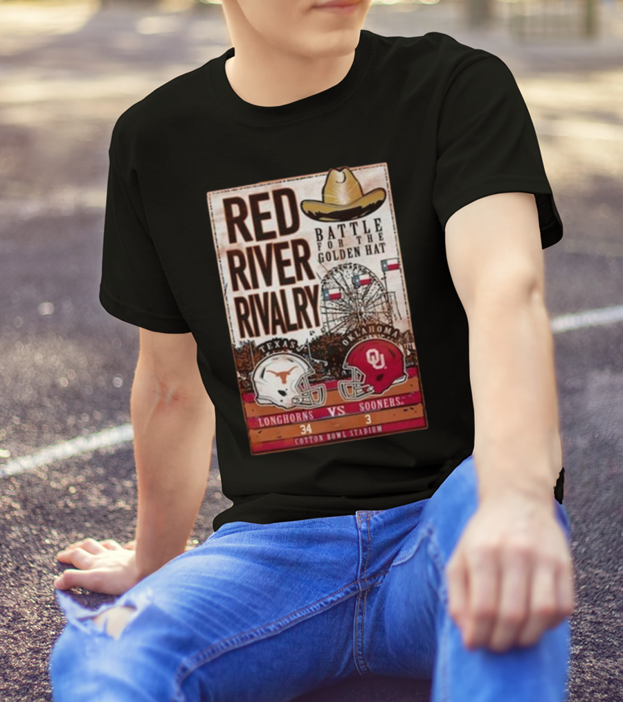 Texas Longhorns Vs Oklahoma Sooners 2024 Red River Rivalry Battle For The Golden Hat At Cotton Bowl Stadium T-Shirt