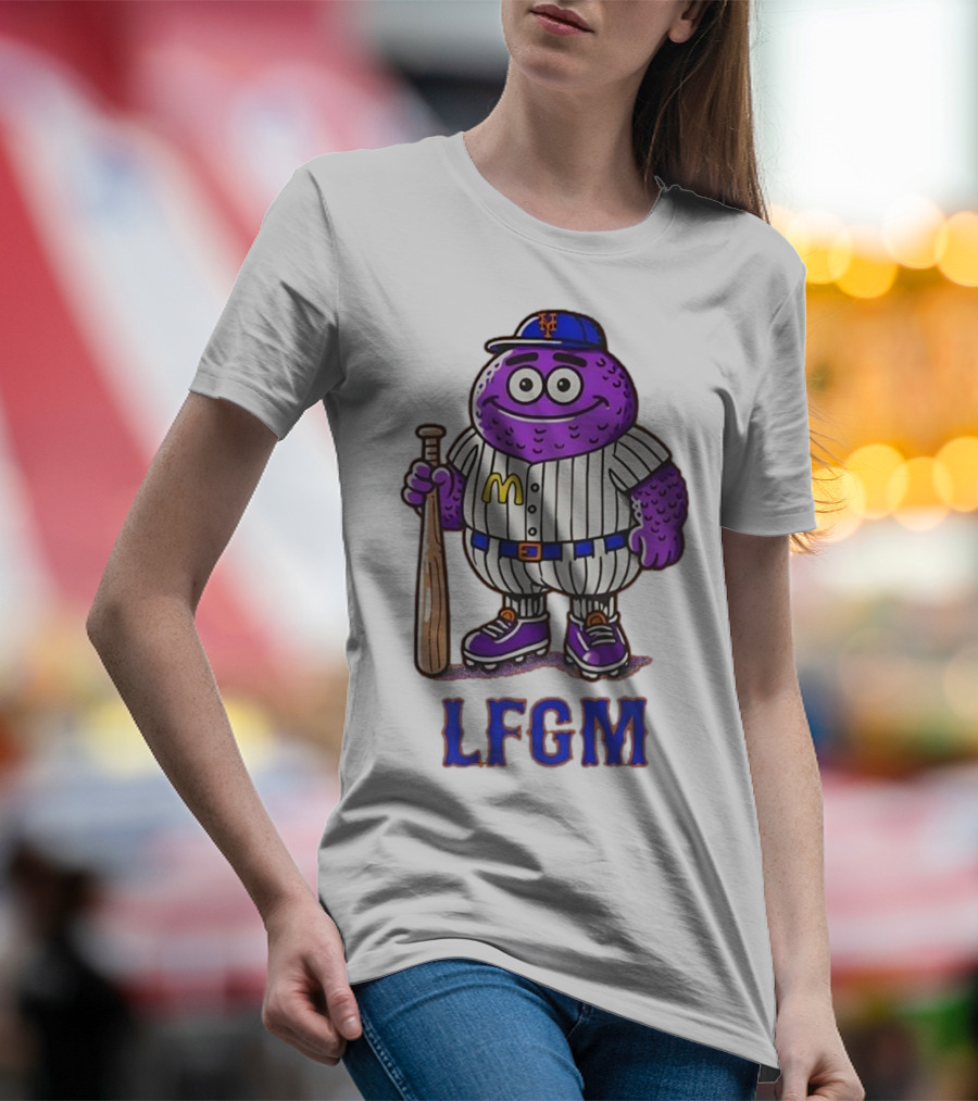 LFGM New York Mets Grimace Cartoon Baseball Bat Character T-Shirt