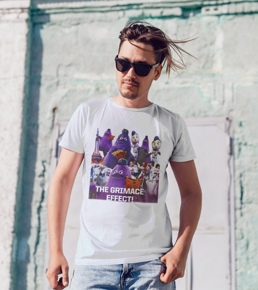 New York Mets The Grimace Effect Baseball Collaboration With Mascot Imagery And Player Interaction T-Shirt