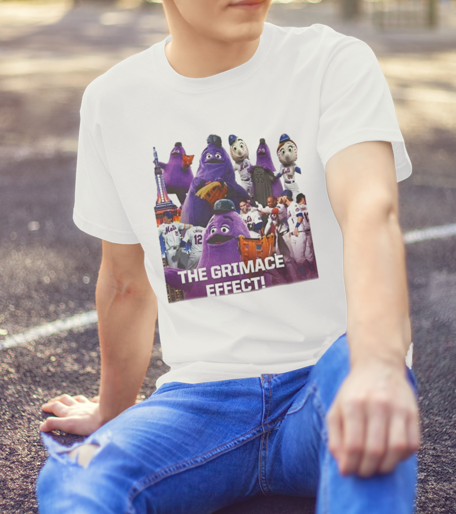 New York Mets The Grimace Effect Baseball Collaboration With Mascot Imagery And Player Interaction T-Shirt