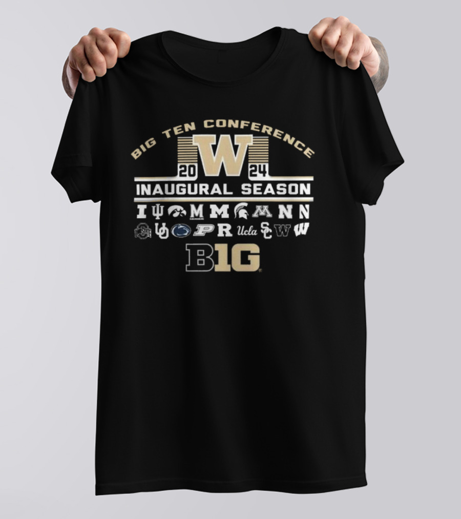 Washington Huskies Big Ten Conference 2024 Inaugural Season Multi Team T-Shirt