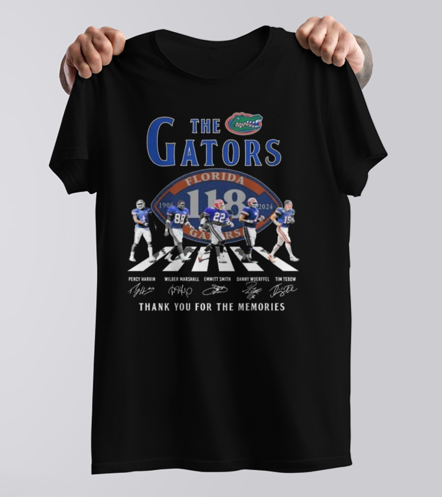 The Gators Florida 118 Years 1906-2024 Thank You For The Memories Percy Harvin Wilber Marshall Emmitt Smith Danny Wuerffel Tim Tebow T-Shirt
