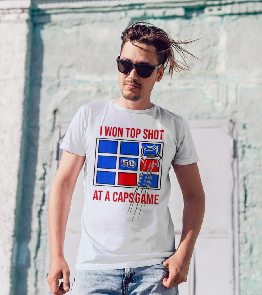I Won Top Shot At A Caps Game 2024 Hockey Puck 50 Blue Red T-Shirt