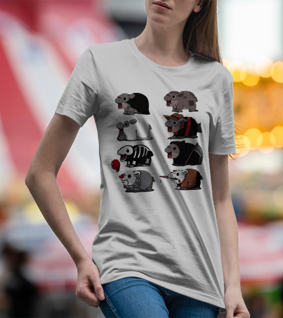 Scary Hippo Moo Deng In Horror Iconic Film Characters T-Shirt