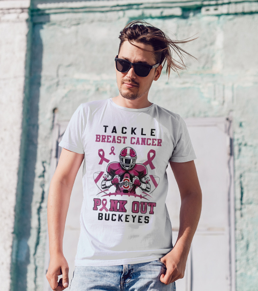 Ohio State Buckeyes 2024 Pink Out Tackle Breast Cancer Ribbon Football T-Shirt