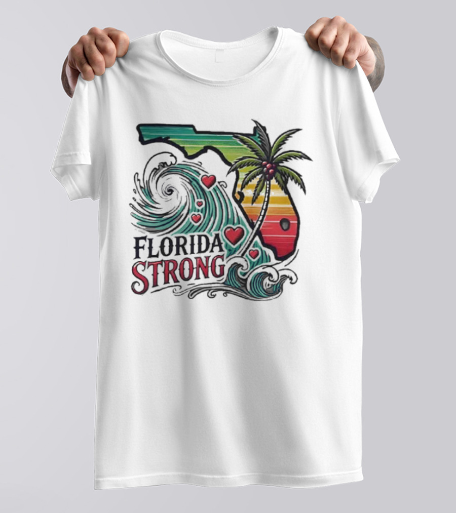 Womens Florida Strong State Outline With Palm Tree And Waves T-Shirt