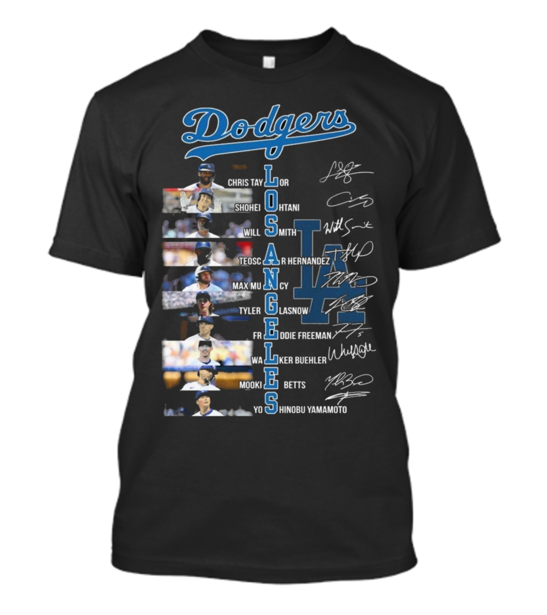Dodgers 2024 Chris Taylor Shohei Ohtani Will Smith Teoscar Hernandez Max Muncy Tyler Glasnow Freddie Freeman Walker Buehler Mookie Betts Yoshinobu Yamamoto Signatures T-Shirt