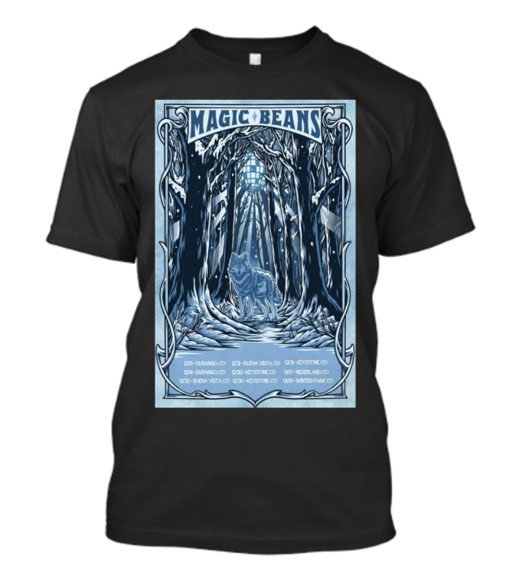 Magic Beans 2024 Colorado Winter Tour Durango To Winter Park Wolf In Snowy Forest Art Deco T-Shirt