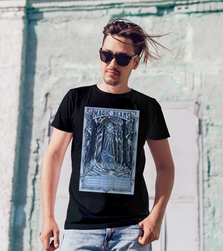 Magic Beans 2024 Colorado Winter Tour Durango To Winter Park Wolf In Snowy Forest Art Deco T-Shirt