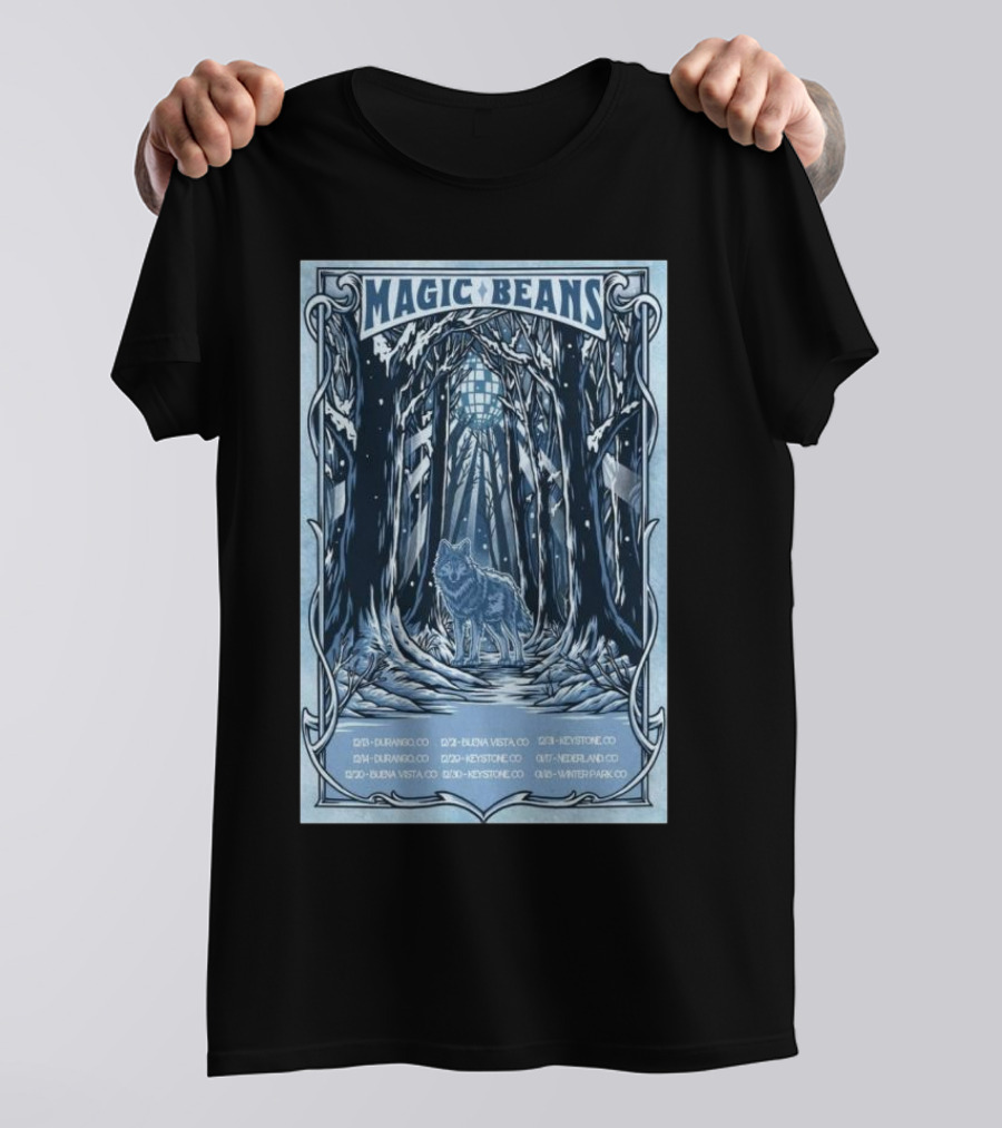 Magic Beans 2024 Colorado Winter Tour Durango To Winter Park Wolf In Snowy Forest Art Deco T-Shirt