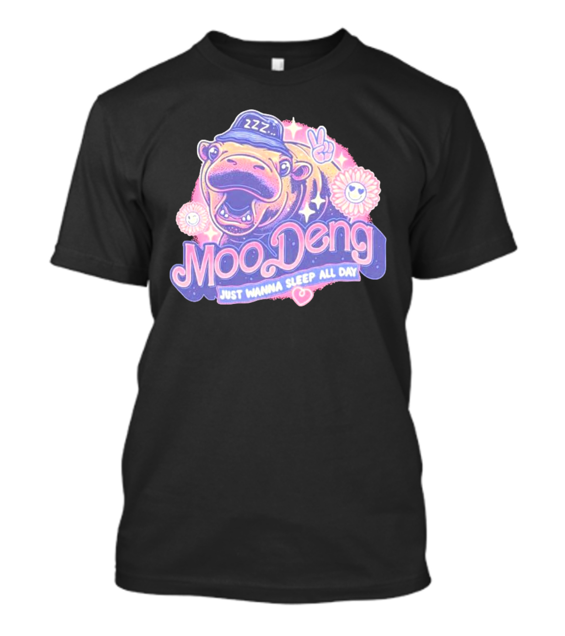 Moo Deng ZZZ Peaceful Sleep All Day With Flowers And Hearts T-Shirt