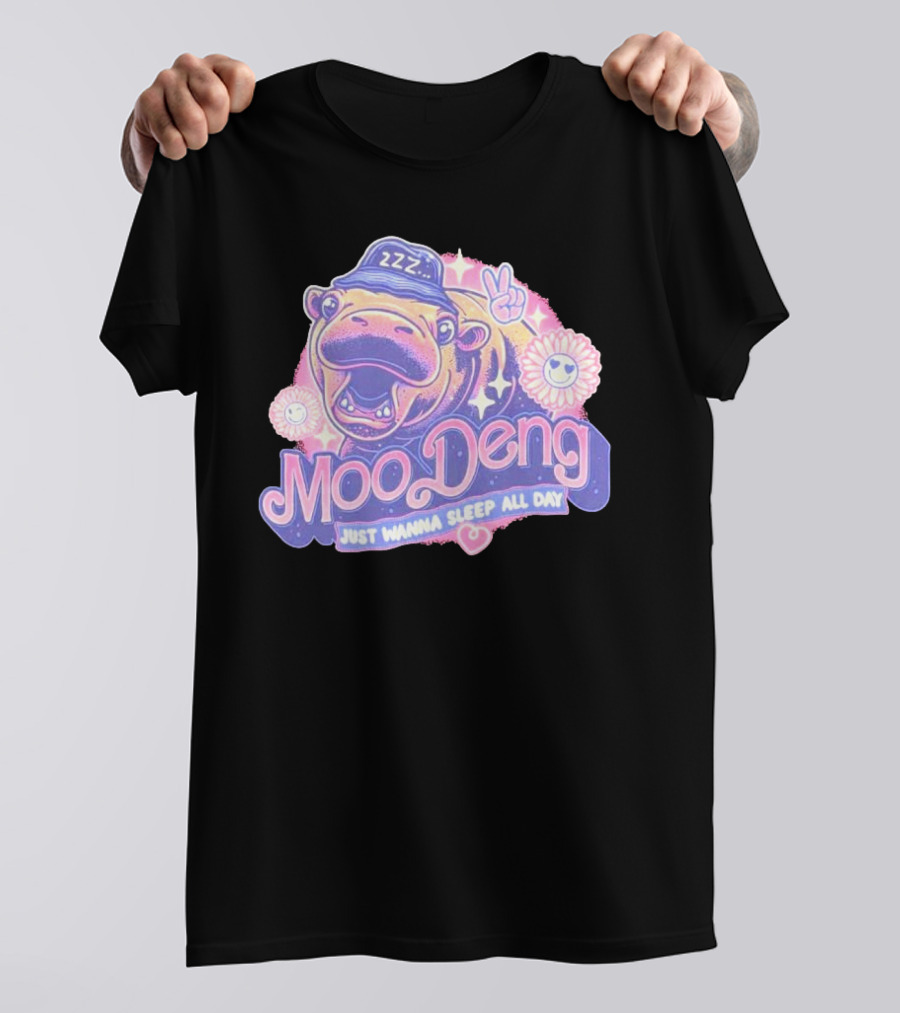 Moo Deng ZZZ Peaceful Sleep All Day With Flowers And Hearts T-Shirt