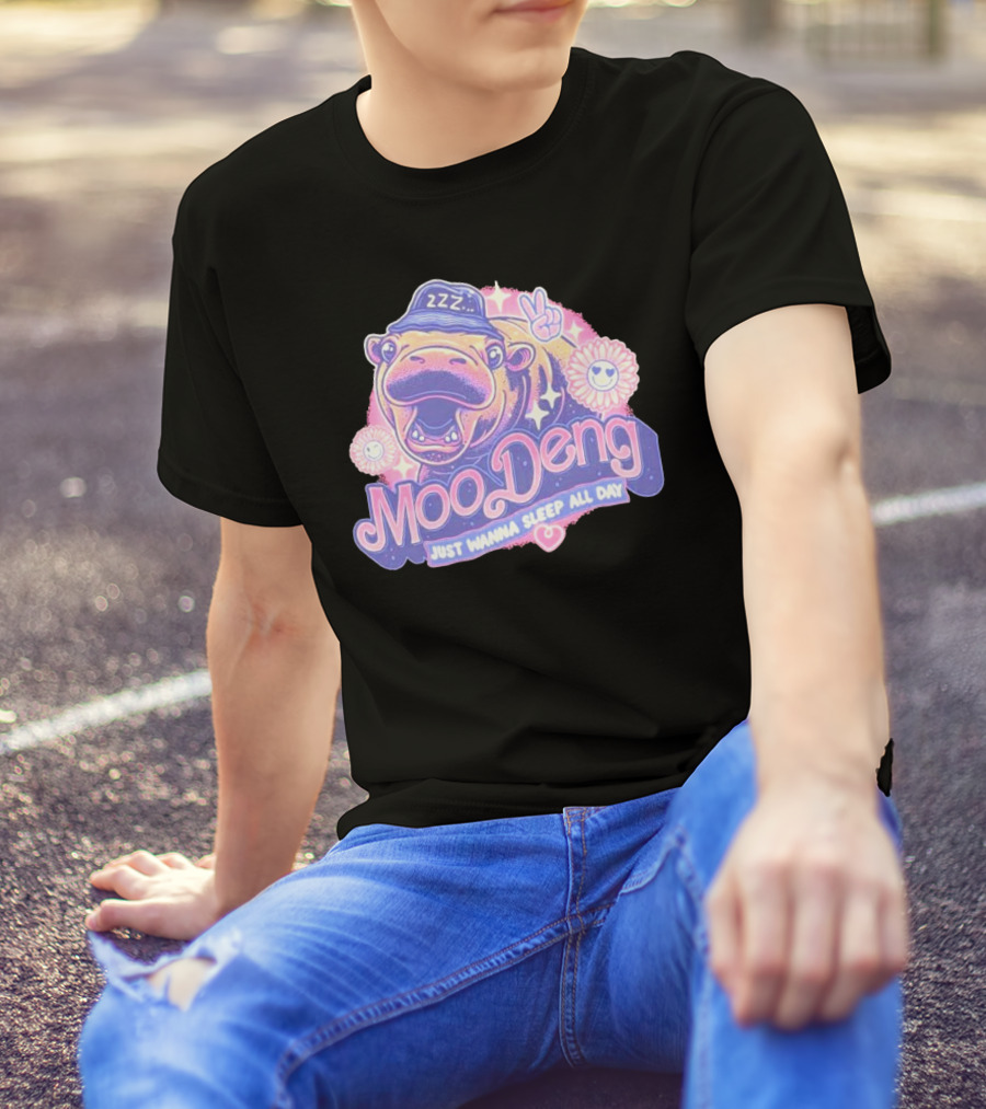 Moo Deng ZZZ Peaceful Sleep All Day With Flowers And Hearts T-Shirt