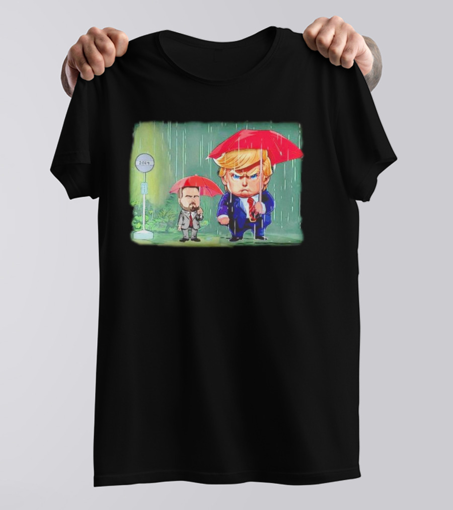 Trump And Vance Standing In The Rain 2024 Umbrellas Cartoon T-Shirt