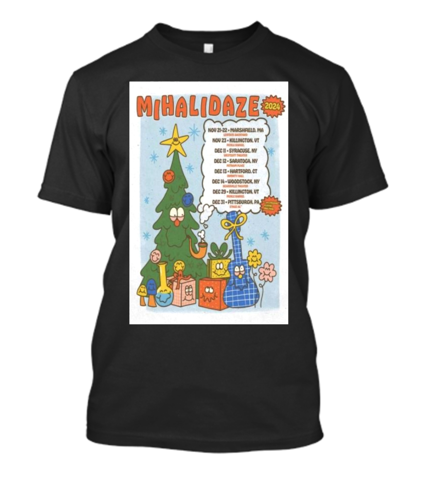 MIHALI DAZE 2024 Tour Dates Holiday Cartoon Christmas Tree And Wrapped Gifts T-Shirt