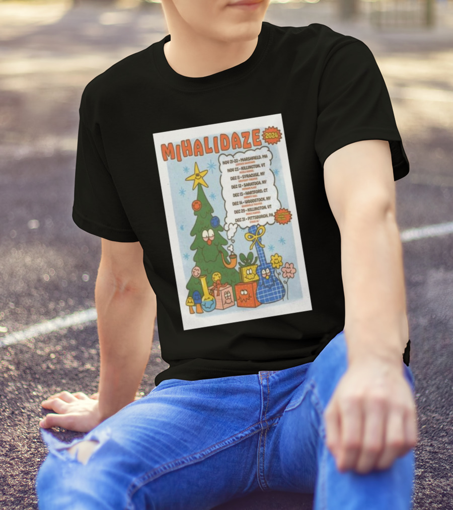 MIHALI DAZE 2024 Tour Dates Holiday Cartoon Christmas Tree And Wrapped Gifts T-Shirt