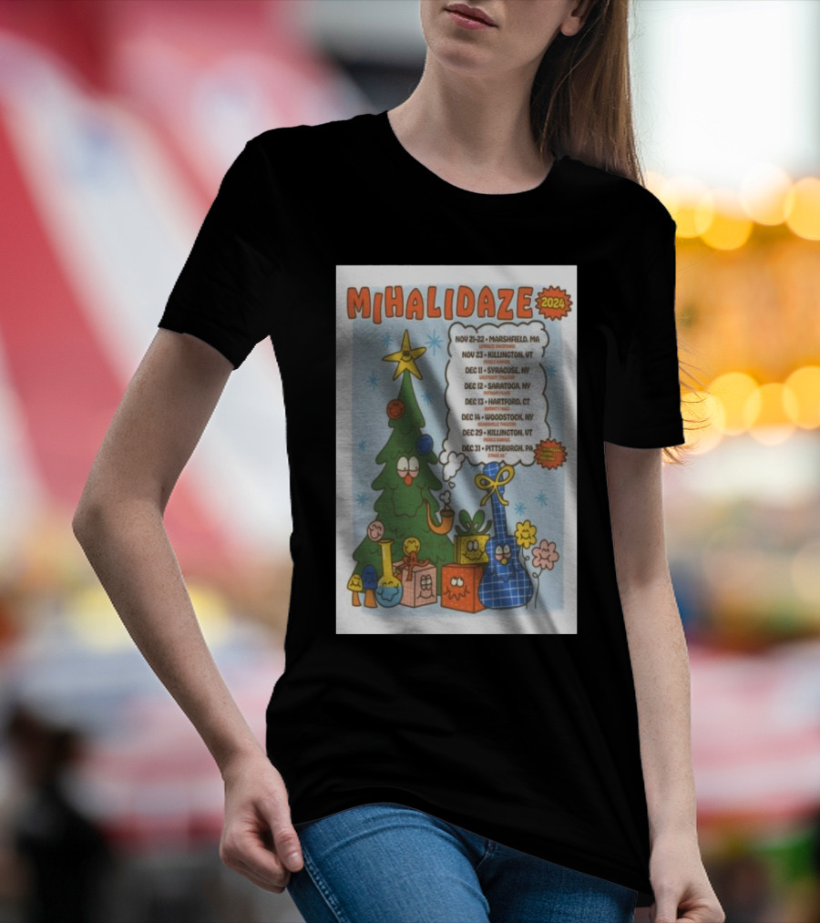 MIHALI DAZE 2024 Tour Dates Holiday Cartoon Christmas Tree And Wrapped Gifts T-Shirt