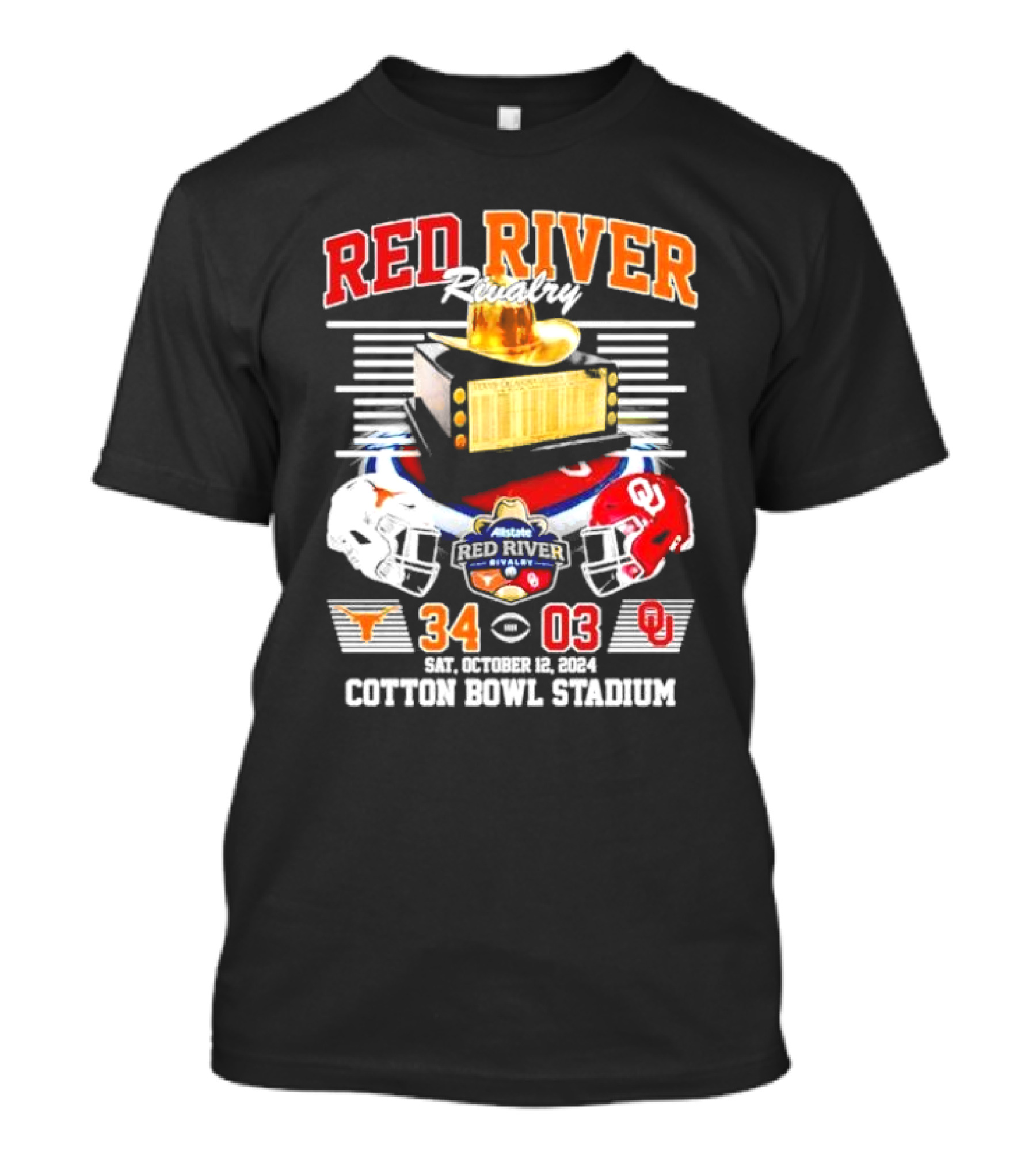 Red River Rivalry Texas Longhorns Vs Oklahoma Sooners 34 03 Sat October 12 2024 Cotton Bowl Stadium T-Shirt