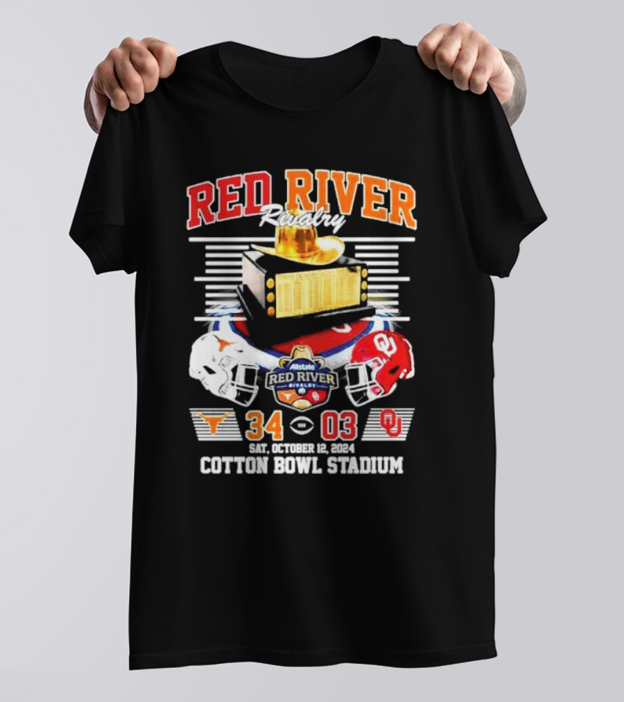 Red River Rivalry Texas Longhorns Vs Oklahoma Sooners 34 03 Sat October 12 2024 Cotton Bowl Stadium T-Shirt